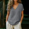 Casual loose V-neck short sleeve linen women t-shirt for spring and summer daily wear. - S / Gray