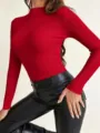 Women red ribbed mock neck long sleeve slim fit knit sweater pullover top for autumn winter - One Size / Burgundy