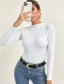 White ribbed mock neck sweater, slim fit long sleeve knitwear top, comfortable daily wear. - One Size / White