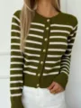 Green and white striped knitted cardigan with gold buttons, stylish and elegant sweater. - One Size / Army Green