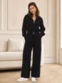 Women black knit tracksuit zip hoodie and wide leg pants set chic casual lounge wear outfit - One Size / Set / Black