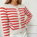 Women red white striped knitted cardigan sweater with gold buttons, casual autumn winter top - One Size / Red