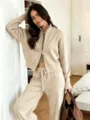 Elegant beige knit zip-up cardigan and matching wide-leg trousers two-piece suit. - One Size / Set / Oatmeal