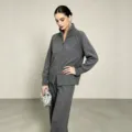 Damen graues Strickset mit Reißverschluss und weiten Hosen Herbst Winter warme Pendlerkleidung - Einheitsgröße / Oberteil und Unterteil / Dunkelgrau