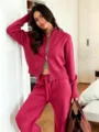 Rose red knit zip-up cardigan and wide-leg pants two-piece set, autumn casual fashion outfit. - One Size / Set / Rose Red