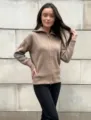 Detail view of a stylish khaki ribbed knit zip cardigan for women, comfortable daily wear. - One Size / Camel