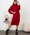 Donna abito maglione collo alto largo maniche lunghe lavorato a maglia inverno chic elegante - Borgogna