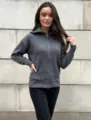 Women ribbed knit zip cardigan sweater, comfortable long sleeve dark grey outerwear detail. - One Size / Dark Gray