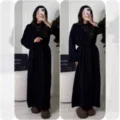 Women casual long sleeve black knit sweater dress winter elegant midi dress with belt outfit - Black