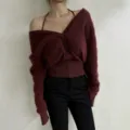 Women's burgundy off-shoulder fuzzy sweater, casual V-neck loose long-sleeve knit top. - One Size / Tops / Dark Red