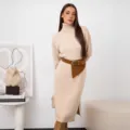Abito Midi in Maglia Beige con Collo Alto e Cintura in Scamosciato Elegante da Donna - Albicocca