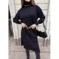 Abito in maglia nero a collo alto da donna, vestito midi a maniche lunghe con spacchetto. - Nero