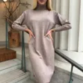 Donna autunno inverno abito maglione collo alto a maniche lunghe midi lavorato a maglia - Cammello