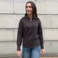 Women dark brown knit zip-up cardigan sweater, casual ribbed long sleeve outerwear variant. - One Size / Dark Brown