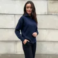 Women's dark blue zip-up knitted cardigan sweater, ribbed texture, casual long sleeve top. - One Size / Dark Blue