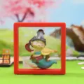Tang Dynasty flying apsaras resin figurine in red acrylic floating frame, antique home decor gift. - Tang Dynasty Lady Series / Playing Zither (1225-4)