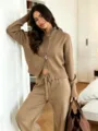 Chic knit zip-up cardigan and wide-leg pants set, comfortable autumn fashion apparel detail. - One Size / Set / Camel