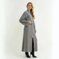 Dames lange grijze gebreide cardigan met riem, elegante warme winterjas voor dames. - donkergrijs