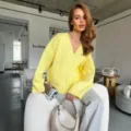 Mujer cárdigan de punto amarillo suelto cuello V otoño invierno abrigo casual elegante - Talla única / Amarillo