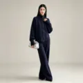 Σετ σκούρο μπλε πλεκτό ζακέτα με φερμουάρ και φαρδύ παντελόνι, κομψό φθινοπωρινό. - Ένα μέγεθος / Πάνω και κάτω / Ναυτικό μπλε