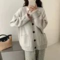 Cárdigan Oversized de Punto para Mujer con Cuello V y Botones Jersey de Otoño Casual - Talla única / Albaricoque