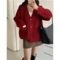Cárdigan de punto rojo para mujer con cuello en V botones abrigo suéter elegante otoño invierno - Talla única / Burdeos