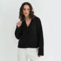 Cárdigan de punto negro con cuello en V para mujer, suéter holgado y casual con bolsillos. - Talla única / Negro