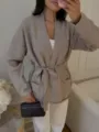 Mujer otono invierno cardigan de punto holgado casual abrigo jersey con cinturon beige - Talla única / Tops / Color Avena