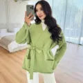 Cardigan de punto verde para mujer jersey con cinturon manga larga ropa casual comoda - Talla única / Tops / Verde claro