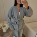 Cárdigan de Punto Gris para Mujer con Cuello en V y Cinturón Suéter Variante Gris - Talla única / Tops / Gris