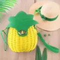Cute pineapple straw woven crossbody bag for women, trendy color block summer beach handbag design. - Pineapple