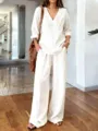Casual V-neck long sleeve top and wide-leg pants spring two-piece set for daily women. - S / Top And Bottom / White