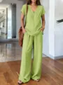 Summer casual two-piece set, solid color short sleeve V-neck top and wide leg pants. - S / Top And Bottom / Yellow-Green