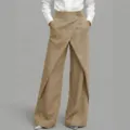 Damen Leinen Hosen mit hohem Bund weites Bein Sommer Casual asymmetrische Knopfhose - S / Khaki