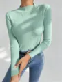 Mint green ribbed knit sweater detail, slim fit mock neck long sleeve top for women fashion. - One Size / Emerald