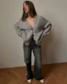 Grey V-neck single-breasted knit cardigan, loose casual design for women warm daily wear. - One Size / Gray