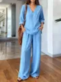 Casual V-neck long sleeve top and wide-leg pants spring two-piece set for women detail view. - S / Top And Bottom / Blue