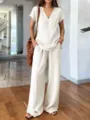 Summer solid color v-neck short sleeve top and wide leg pants casual two piece set outfit. - S / Top And Bottom / White