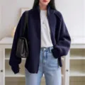 Women's dark blue zip-up knit cardigan casual long sleeve sweater outerwear top. - One Size / Navy Blue