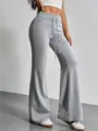Detailed view of women's grey high waist casual flare pants with adjustable drawstring. - S / Bottoms / Light Gray