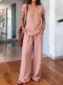 Detail view of the elegant solid color summer linen two piece outfit, wide leg pants. - Pink