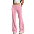 Detail shot of women casual pink flare pants with high waist and adjustable drawstring waist. - S / Bottoms / Pink