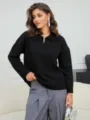 Suéter de punto negro para mujer con cuello polo elegante y manga larga, estilo casual diario. - Talla única / Tops / Negro