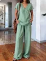 Summer casual linen blend two piece outfit short sleeve top and wide leg pants set - Cyan