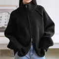 Women solid black high neck zip up knit cardigan sweater casual loose autumn outerwear fashion top - One Size / Black