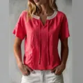 Women summer short sleeve blouse casual V-neck eyelet lace trim tie front pink top chic - S / Rose