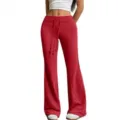 Details of the high waist red flare pants with drawstring feature, showcasing fabric texture. - S / Bottoms / Red