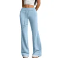 Detailed view of casual light blue high-waist flared sweatpants with adjustable drawstring. - S / Bottoms / Light Blue