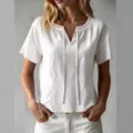 White summer short sleeve V-neck top with elegant lace eyelet collar and tie details. - S / White