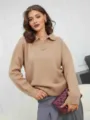 Damen Lässig Strickpullover Herbst Winter Einfarbig Revers Langarm Pullover Top - Einheitsgröße / Khaki